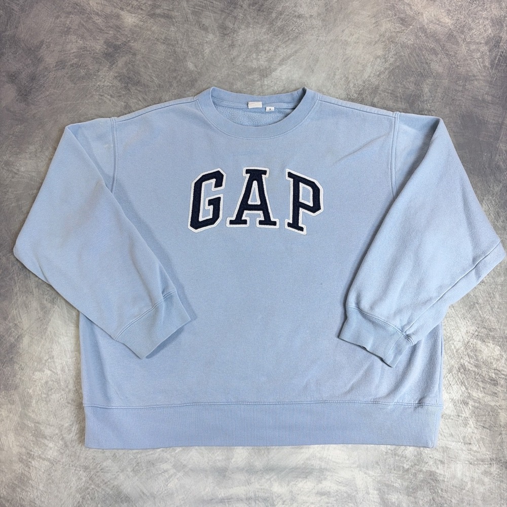 Gap Sweatshirt Womens Medium Blue Fleece Arch Logo Crewneck Pullover Long Sleeve